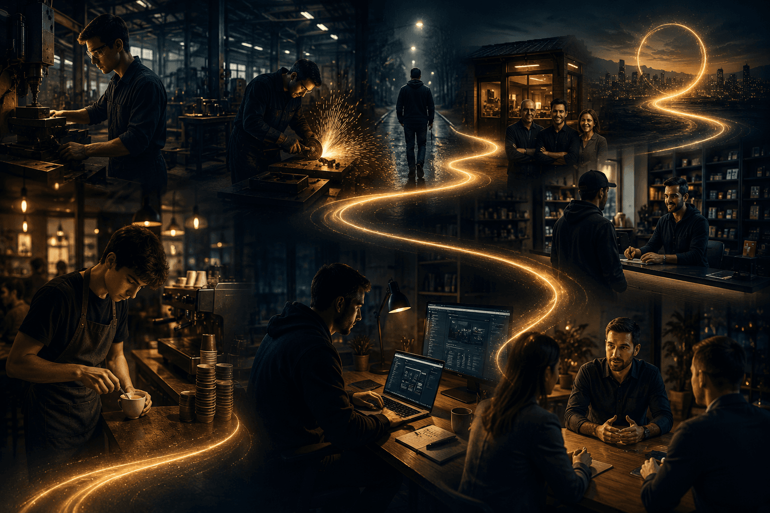 Founder journey workspace showing resilience, practical trades and business strategy experience