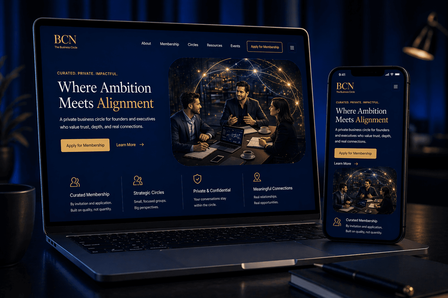 Private founder network platform preview with rooms, resources and member activity