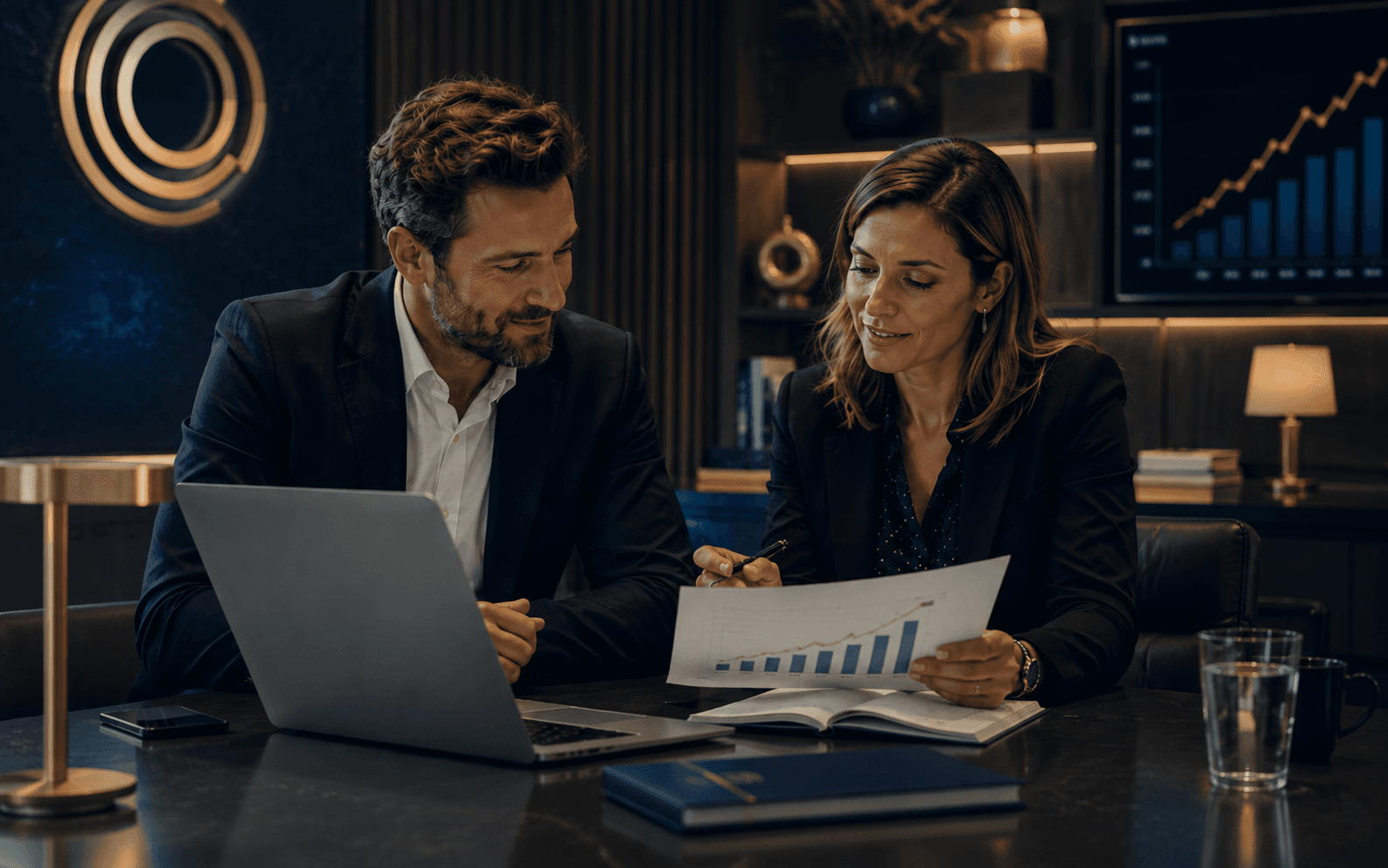 Business owner insight cards and progress signals in a premium strategy workspace