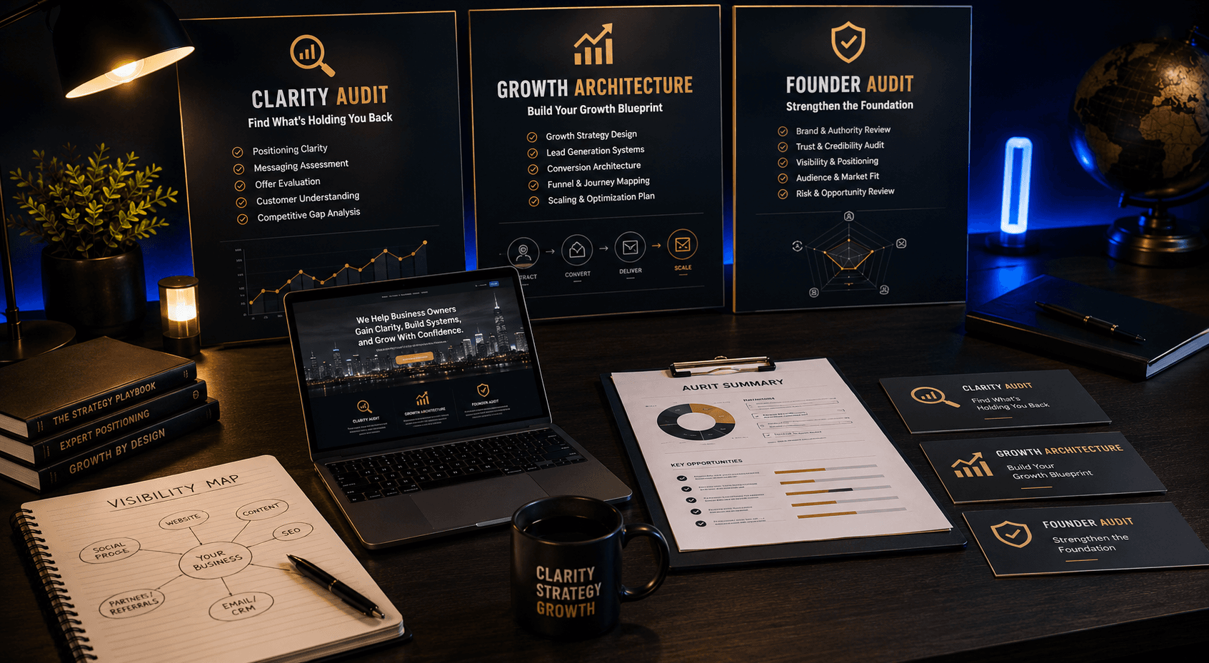 Business clarity audit workspace reviewing trust, visibility and conversion opportunities